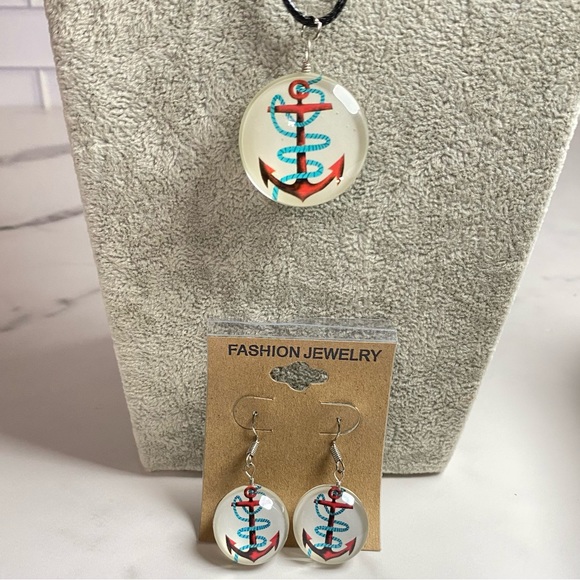 Anchor Nautical Beach Glass Dome Necklace & Earrings Set - Picture 5 of 6